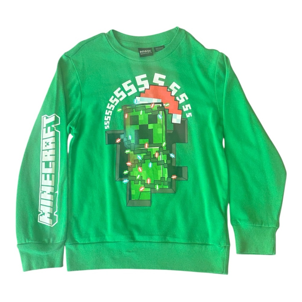 Minecraft Green Creeper Christmas Sweatshirt Pixel Graphic Gamer Kids 8/10